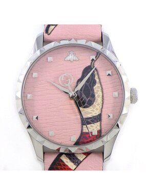 Gucci Watch Timeless 126.4 Snake Pattern Pink Dial SS Leather Strap Quartz
